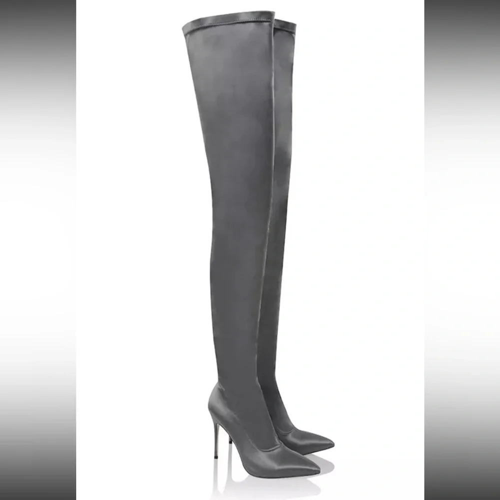 MISTRESS ROCKS 'Icon' Grey Satin Pu$$y-High Thigh Boots Size 8
